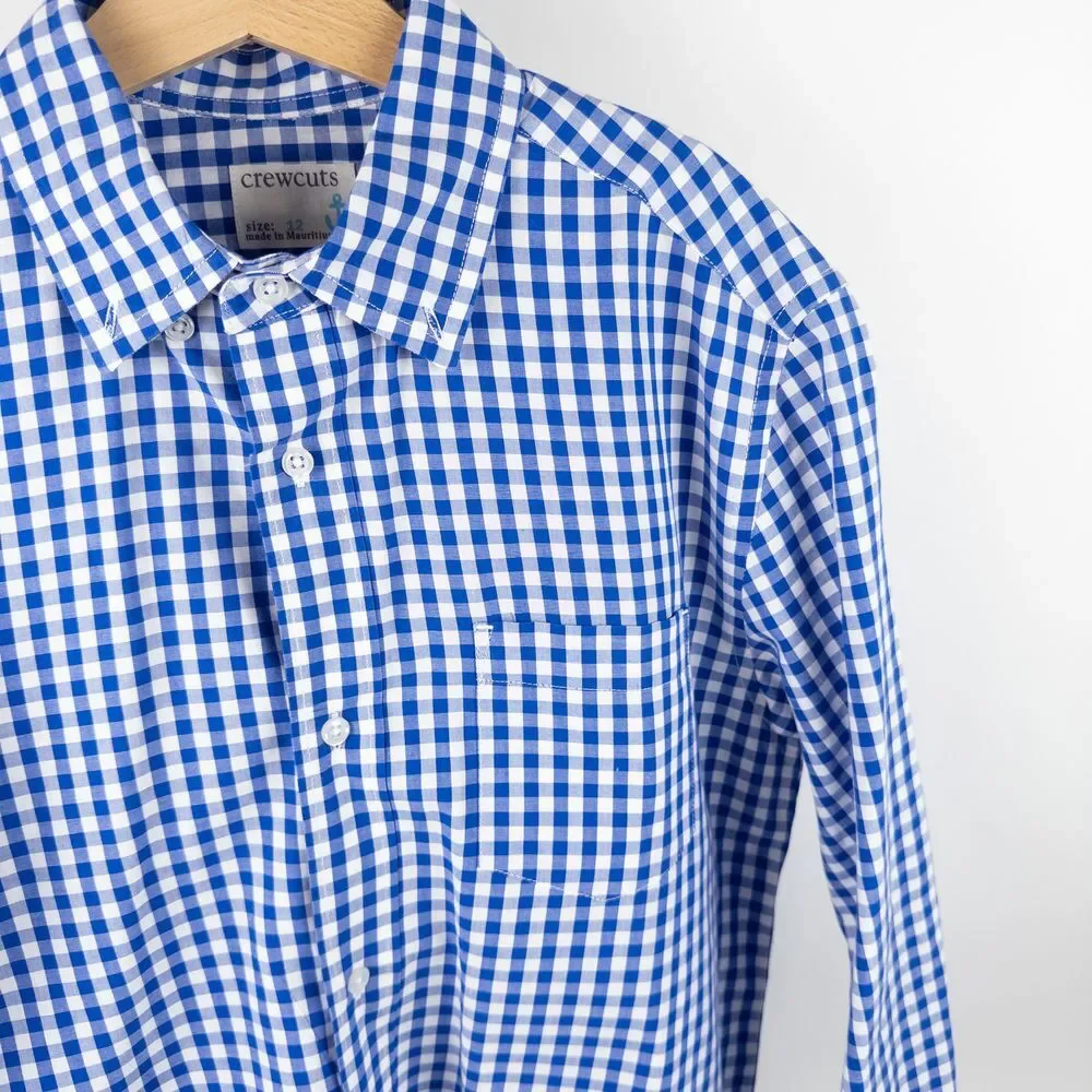 Crewcuts Cotton Poplin Collared Gingham Pocket Button Down Shirt Blue Kids Sz 12